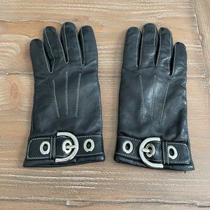 COACH Black Leather Gloves With Silver Buckles, Cashmere Lined, Size 6.5